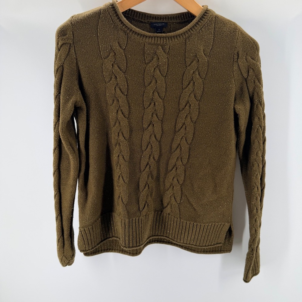 Ann Taylor-Medium Factory Olive Green Metallic Cable Knit Sweater Womens Shimmer